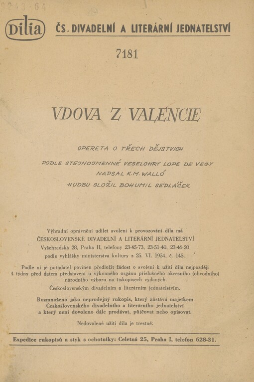 Vdova z Valencie: opereta o třech dějstvích