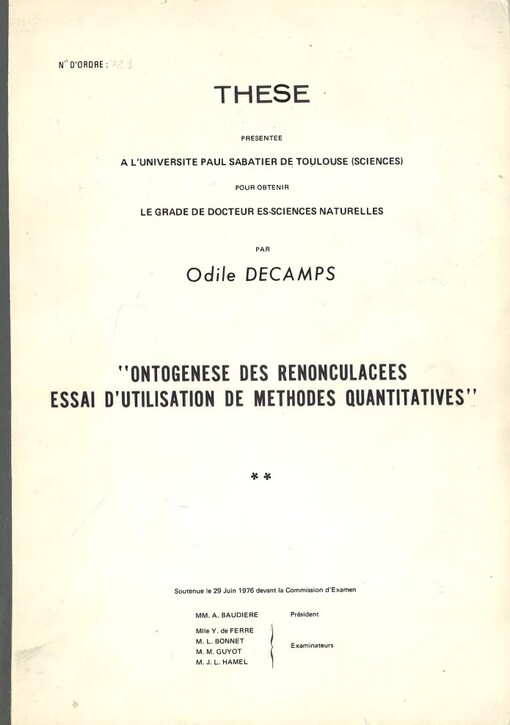 Ontogenese des Renonculacees essai d'utilisation de methodes quantitatives