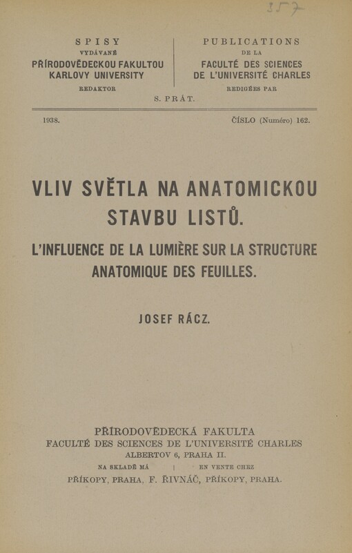 Vliv světla na anatomickou stavbu listů =: L'influence de la lumière sur la structure anatomique des feuilles