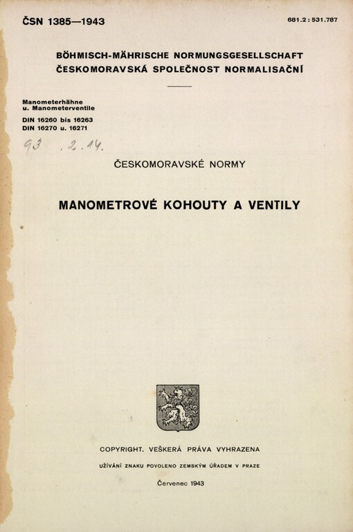 Manometrové kohouty a ventily: českomoravské normy : ČSN 1385-1943