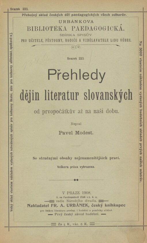 Přehledy dějin literatur slovanských od prvopočátkův až na naši dobu