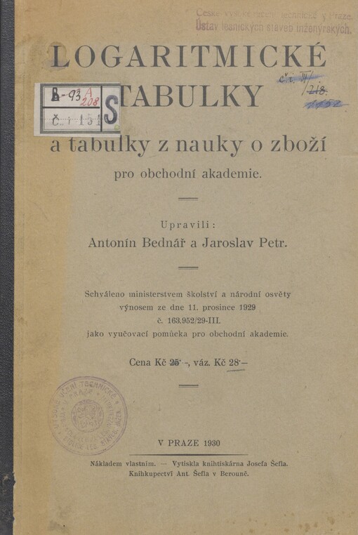Logaritmické tabulky a tabulky z nauky o zboží pro obchodní akademie