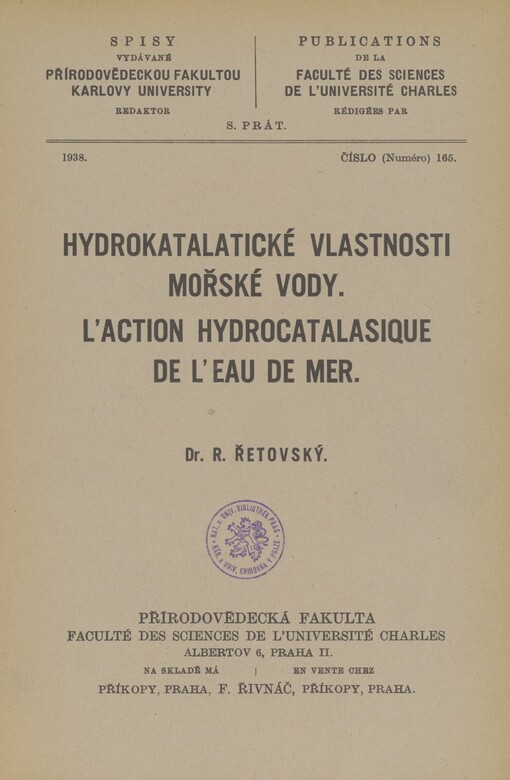 Hydrokatalatické vlastnosti mořské vody =: L'action hydrocatalasique de l'eau de mer