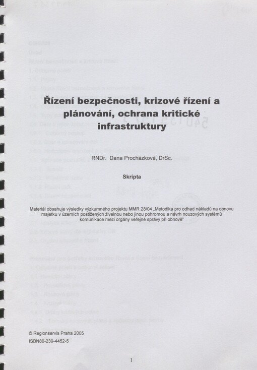 Řízení bezpečnosti, krizové řízení a plánování, ochrana kritické infrastruktury: skripta