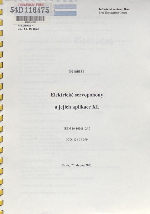 Elektrické servopohony a jejich aplikace XI: seminář, Brno 23. dubna 2001