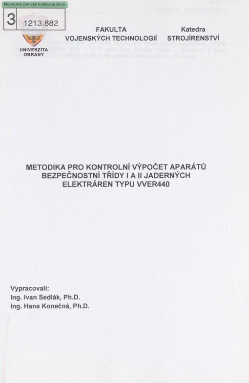 Metodika pro kontrolní výpočet aparátů bezpečnostní třídy I a II jaderných elektráren typu VVER440