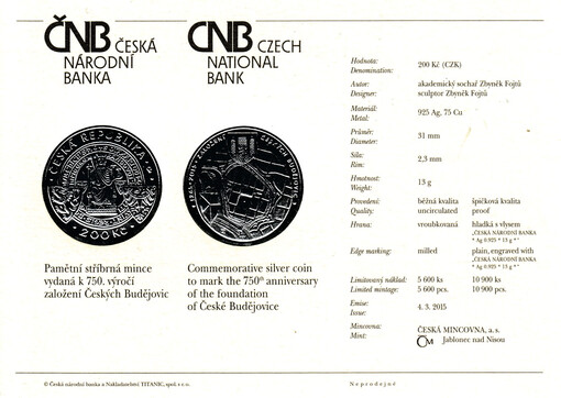 Pamětní stříbrná mince vydaná k 750. výročí založení Českých Budějovic = Commemorative silver coin to mark the 750th anniversary of the foundation of České Budějovice