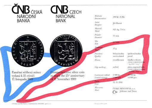 Pamětní stříbrná mince vydaná k 25. výročí 17. listopadu 1989 = Commemorative silver coin to mark the 25th anniversary of 17 november 1989
