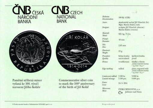 Pamětní stříbrná mince vydaná k 100. výročí narození Jiřího Koláře = Commemorative silver coin to mark the 100th anniversary of the birth od Jiří Kolář