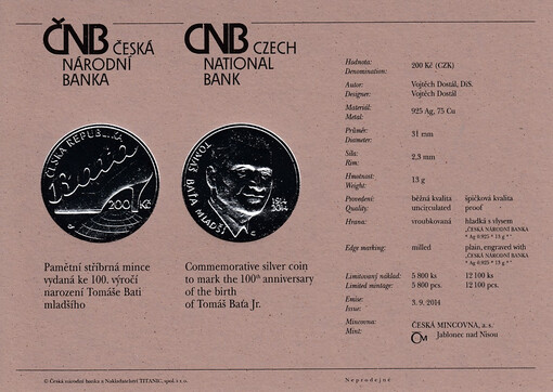 Pamětní stříbrná mince vydaná k 100. výročí narození Tomáše Bati mladšího = Commemorative silver coin to mark the 100th anniversary of the birth of Tomáš Baťa Jr.