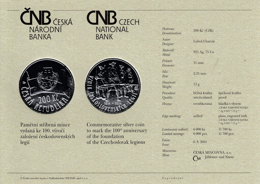 Pamětní stříbrná mince vydaná k 100. výročí založení československých legií = Commemorative silver coin to mark the 100th anniversary of the foundation of the Czechoslovak legions