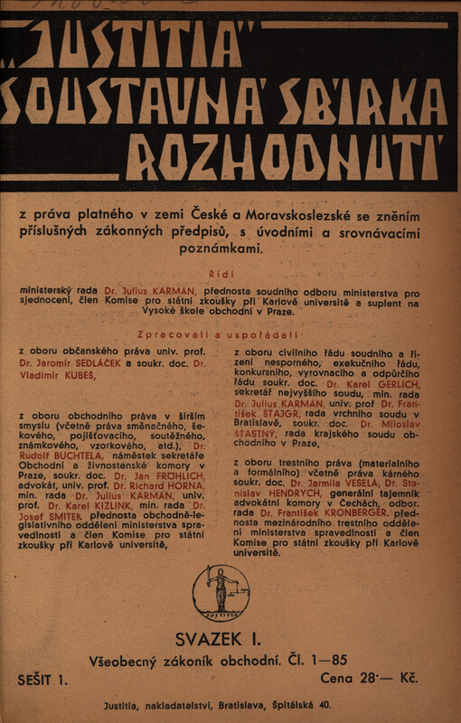 Justitia, soustavná sbírka rozhodnutí. Svazek I., Všeobecný zákoník obchodní