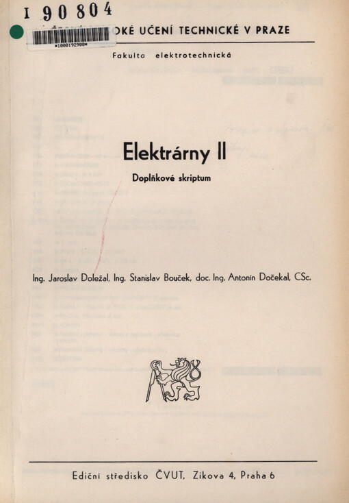 Elektrárny. [Díl] 2. : doplňkové skriptum pro stud. fak. elektrotechn.