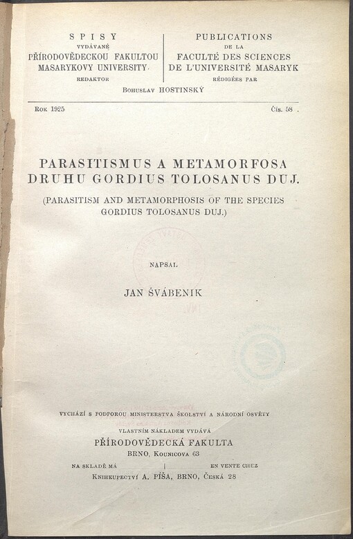Parasitismus a metamorfosa druhu Gordius tolosanus Duj