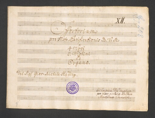 Offertorium pro Festo Puvificationis B.V.M: 4 Voci, 2 Violini, 2 Oboe, 2 Corni in F, Organo