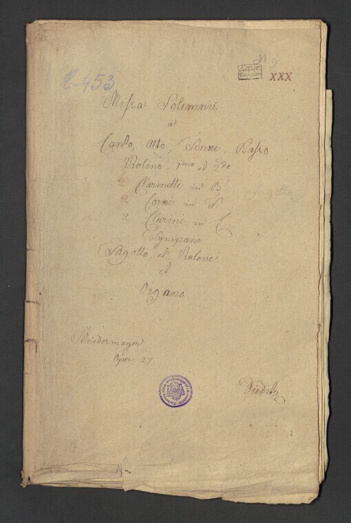 Missa solennis Op. 27: Canto, Alto, Tenore, Basso, 2 Violino, 2 Clarineto, 2 Corni, 2 Clarini, Tympani, Fagotto, Violone et Organo