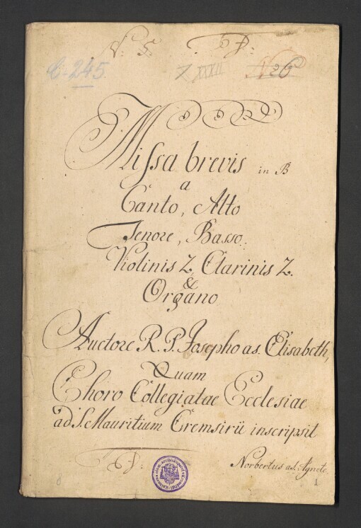 Missa brevis in B: Canto, Alto, Tenore, Basso, 2 Violinis, 2 Clarinis et Organo
