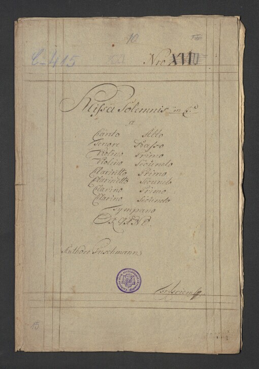 Missa solennis in C: Canto, Alto, Tenore, Basso, 2 Violino, 2 Clarineto, 2 Clarino, Tympani, Organo