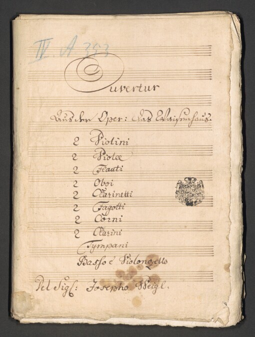 Ouvertur: 2 Violini, 2 Viole, 2 Flauti, 2 Oboi, 2 Clarinetti, 2 Fagotti, 2 Corni in Eb, 2 Clarini in Eb, Tympani, Basso, Violoncello