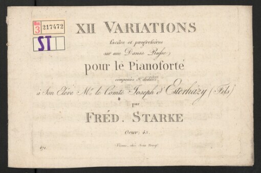 XII Variations faciles et progressives sur une Danse Russe pour le Pianoforte, Oeuv. 43: dédiées á Son Eléve Mr le Comte Joseph d' Esterházy (Fils)