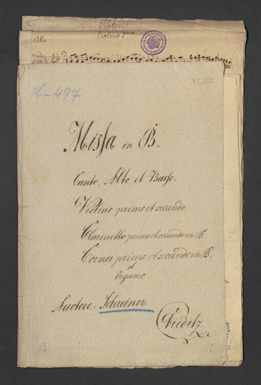 Missa in B: Canto, Alto, Basso, 2 Violino, 2 Clarineto, 2 Cornu et Organo