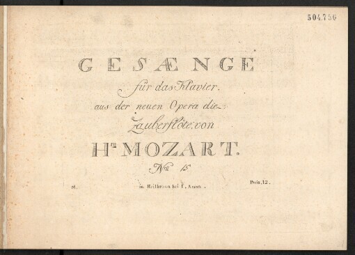 Gesaenge für das Klavier aus der neuen Opera die Zauberflöte. Nro. 15. Ich Narr vergas der Zauberdinge
