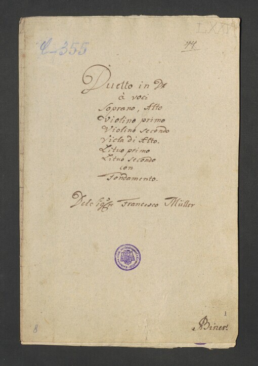 Duetto in D: Soprano, Alto, 2 Violino, Viola di Alto, 2 Lituo con Fondamento