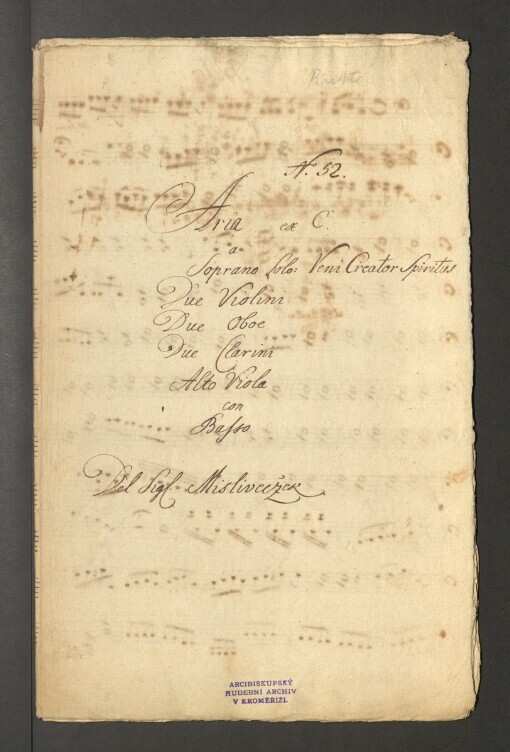 Aria ex C: Soprano solo: Veni Creator spiritus, 2 Violini, 2 Oboe, 2 Clarini, Alto Viola, Basso