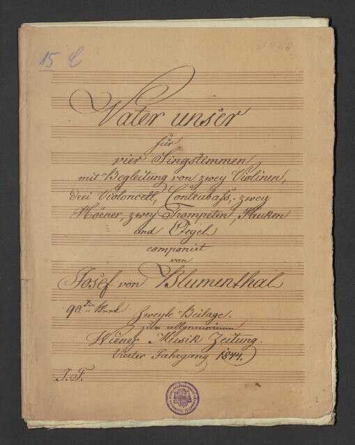 Vater unser: 2 Violinen, 3 Violonzell, Contrabasso, 2 Hörner, 2 Trompeten, Flauten, Orgel