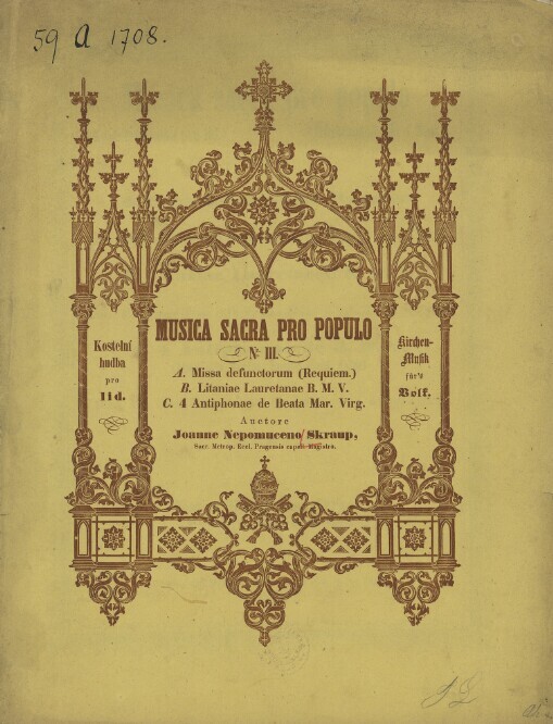 A. Missa defunctorum (Requiem) a Canto, Alto, Tenore, Basso et Organo cum Violone obligato, 2 Corni ad libitum: B. Litaniae Lauretanae B.M.V. a Canto, Alto, Tenore, Basso et Organo cum Violone obligato, 2 Corni ad libitum ; C. 4 Antiphonae de B.M.V. (Alma, Ave regina, Roegina Coeli, Salve) a Canto, Alto, Tenore, Basso et Organo cum Violone obligato, 2 Corni, 2 Clarini et Tympani ad libitum