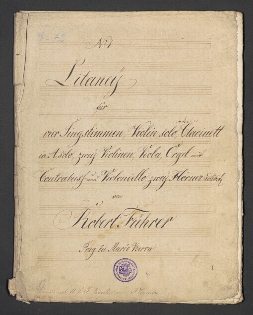 Litaney: 4 Singstimmen, Violin Solo, Clarinett in A Solo, 2 Violinen, Viola, Orgel mis Contrabass, Violoncello, 2 Hörner ad lib[itum]