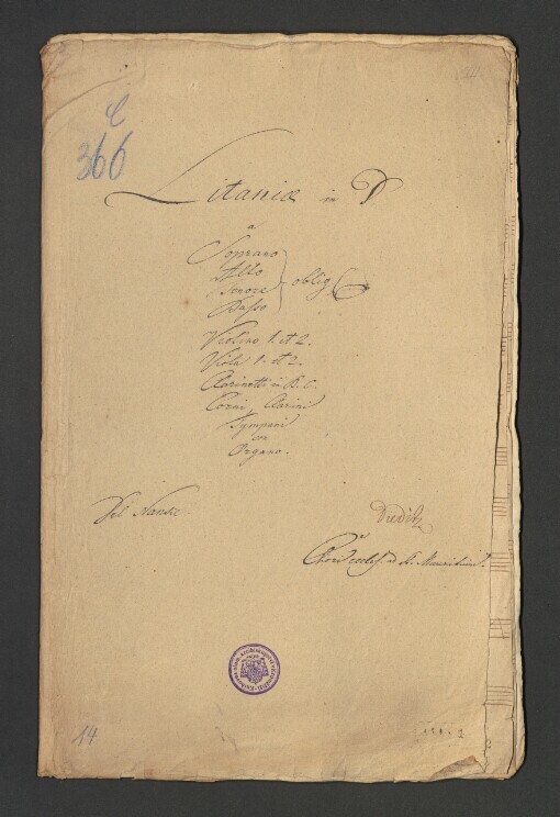 Litaniae in D: Soprano, Alto, Tenore, Basso, 2 Violino, 2 Viola, Clarineti, Clarini, Clarini, Tympani con Organo