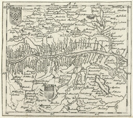 [Die Donau, der Fürst aller Europaeischen Flüsse: Das ist: Eine genaue Darstellung Aller der um und an der Donau gelegenen Königreiche, Fürstenthümer, Länder und Städte, beneben einer kurtzen Beschreibung selber. Deme Zu de Lesern Behuff, annoch ein Register aller der jenigen Oerter, so in denen Charten mit begriffen seynd, beigefüget worden]. A 4. Morauia. Austria