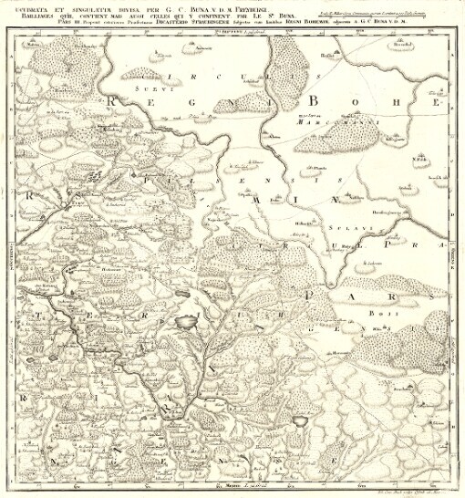 [Exactissima Statuum Totius Ducatus Bavariae Tabula Secundum Omnes & Praefecturas, cum Insertis et Finitimis Regionibus in IX. Mappis Geograph: Le Duchè de Baviere divise en Neuf Cartes Geografiques tres Exactes, Nouvellement et Regulierment Dressés, Contenant non Seulement les Etats Seigneuries et Bailliages quil Conttent, mais aussi celles qui y confinent]. Pars III. Proponit exteriores Præfecturas Dicasterio Straubingensi Subjectas cum limitibus Regni Bohemiæ adjacentis