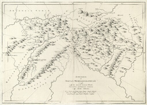 Appendix ad Mappam Mineralographicam: in quâ neglectâ locorum distantiâ. Hungariae Superioris Fodinae magis distinctè exhibetur. Nota: Lineae per Fodinas ductae, Plagas Mundi indicant [quae hîc methodo Metallurgicâ in 24 horas sunt divisae] versus quas Lineae Metallicae vergunt
