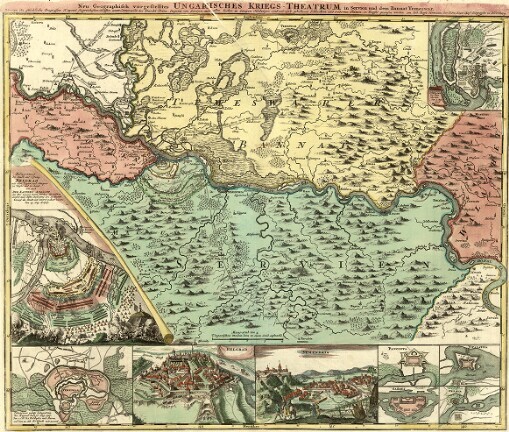 Neu Geographisch vorgestelltes Ungarisches Kriegs-Theatrum in Servien und dem Bannat Temeswar: Worinnen die glückliche Progressen Kayserl. siegreichesten Waffen, unter Commando des Durchl. Princ. Eugenii vom Savojen mit allen bisher zweyen Feldzügen 1716 gehaltenen Schlachten und eroberten Plätzen, in Kupfer gewiesen werden