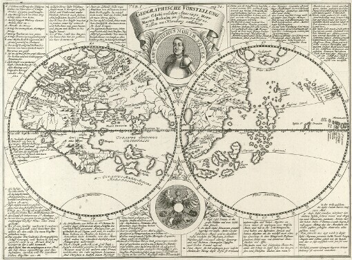 [Sieben und dreysig Kupffer-Tabellen Sehens- und Merckwürdiger Sachen In des Heil. Röm. Reichs-Stadt Nürnberg]. Tab. I., pag. 30. Geographische Vorstellung eines Globi, welchen Anno 1492 Herr Martin Behaim im Diametro bey 20 Zollen zu Nürnberg exhibiret