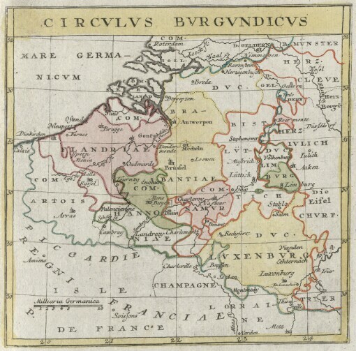 [Atlas Imperii seu Systema introductorium mapparum Geographiae absolutae Germanicae: in quibus vicissitudines finium Imperii Germanici secundum triplicis aevi antiqui, medii et recentioris statum graphice exhibentur. Pars Prima] 8. Circvlvs Bvrgundicvs