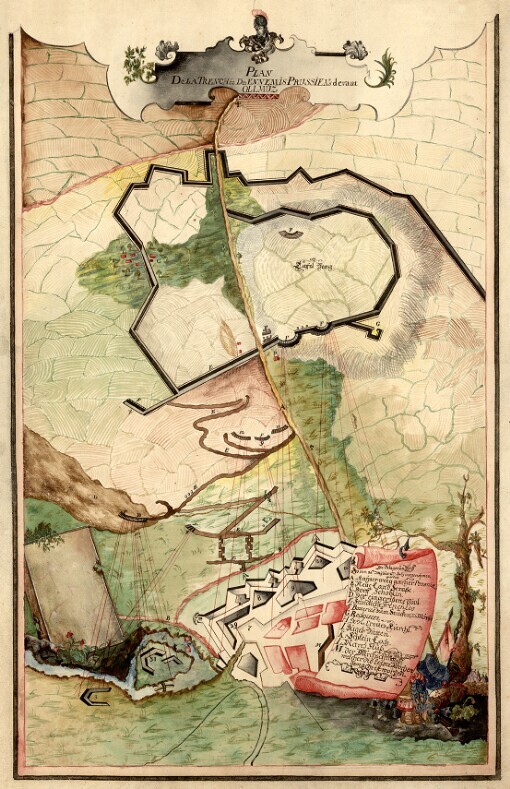 Plan De la Trenchée des Ennemis Prussiens devant Ollmüz: Die Belagerung von 30ten May bies 2ten July vorgenohmen worden