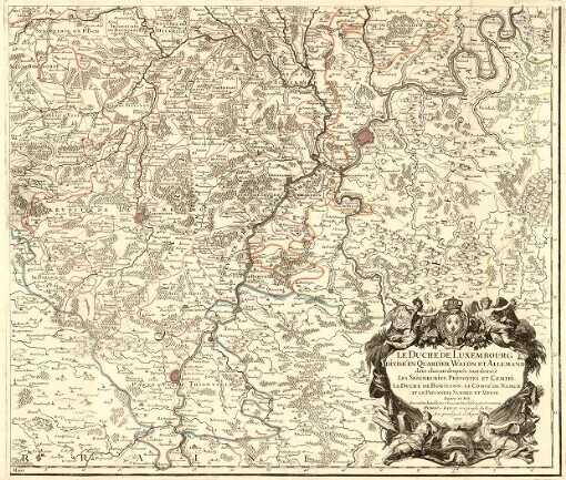 Le Duché de Luxembourg divisé en Quartier Walon et Allemand: dans chacun desquels sont diviséz les Seigneuries, Prevostés et Comtés. Le Duché de Bouillon, le Comté de Namur et le Pays entre Sambre et Meuse
