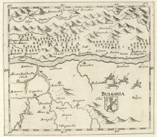 [Die Donau, der Fürst aller Europaeischen Flüsse: Das ist: Eine genaue Darstellung Aller der um und an der Donau gelegenen Königreiche, Fürstenthümer, Länder und Städte, beneben einer kurtzen Beschreibung selber. Deme Zu de Lesern Behuff, annoch ein Register aller der jenigen Oerter, so in denen Charten mit begriffen seynd, beigefüget worden]. C7. Bulgaria