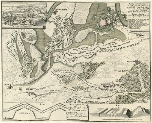 Eigentlicher Plan des Feldlagers der Kayserlichen- und Reichs-Armee unter dem Commando des Printzens Eugenii vom 1sten bis 22 Julii Ao. 1734 bey der von der Frantzösischen Armee hart belagerten Festung, Philippsburg: nebst dem accuraten Plan des Frantzösischens Retrenchements