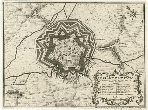 [Table Des Cartes Des Pays Et Des Frontieres De France Avec un Recueil Des Plans Des Villes, Sieges Et Battailles Données entre Les Hauts Allies Et La France]. Le Plan de Hesdin Ville Forte du Comté d'Artois sur la Riviere du Canche