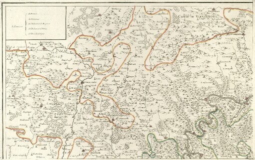 [Carte Particuliere de Pays qui sont situéz entre le Rhein, la Saare, la Moselle, et la Basse Alsace: contenant Partie du Palatinat, des Eslectorats de Mayence, et de Treves, des Eveschés de Spire et de Mormes; avec les Duchés de Deux Ponts, et de Simmeren les Comtés de Sarbrik, Ottweiller, Bitche, Saverden, Falkenstein, Linanges, Veldents, Haut et Bas Sponheim les Seigneuries de Bliscastel, Landstoul, Crombach, Reypolkirch, Grevenstein, Kirn, Oberstein Lixheim, Lautreck, Dagstoul, le Petitepierre, et Dimering]
