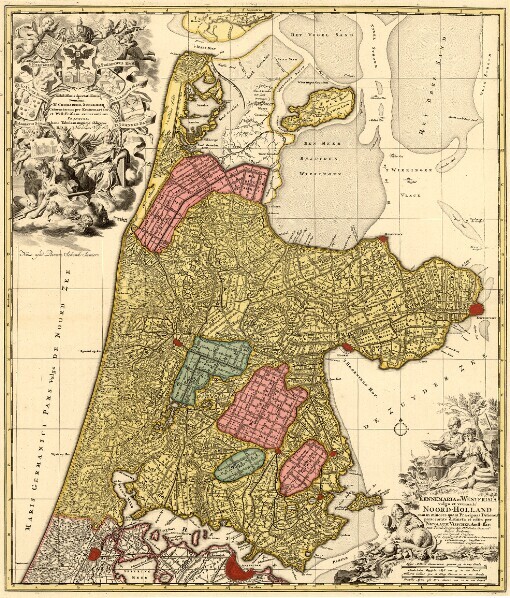 Kennemaria et Westfrisia vulgo et vernaculé Noord-Holland: tam in minores quam Praecipuas Ditiones peraccuraté distincta et edita per ... Nobilissimis Spectatissimisque Dominis, Ds. Chomarcho, Supremisque Cataractarum per Kennemariam et West-Frisiam exonerantium Praefectis hanc Tabulam maximé obligatus