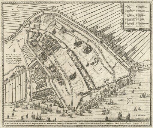[Les Eglises et les Principaux Edifices d'Amsterdam avec des Agrandißements]. 19. Amsteldam ten twede mael vergroot is eerst met steene Mueren omvangen inden jaere 1482 = Amstelodamum, secundâ vice Ampliatum, Muris demum lapideis septum est Ao. 1482