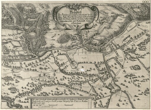 [Topographia Windhagiana: Das ist: Aygentliche Delineation, oder Contrafaitur, Perspectiv, Auffzug, Grund: und Abriß auff underschiedliche Prospecten und Formen mit beygesetzter kurtzer Historischer Beschreibung beyder Herrschafften Windhaag und Reichenau]. OOO. Grundtriß Des Adelichen guets Auhoff im Marchlandt Viertl Beym Kayß. Marckht Berg gelegen nächst an die Herrschafft Windthaag stossendt, mit seinen Hoffgründten Wißmathen gehültz auch Reiß geräidt Und 6 Underthanen