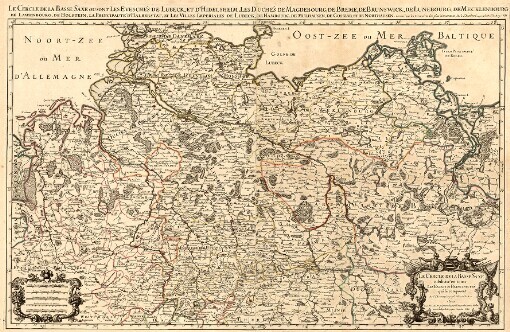 Le Cercle de la Basse Saxe: ou sont Les Eveschés de Lubeck, et d'Hidelsheim, les Duchés de Magdebourg, de Breme, de Brunswick, de Lunebourg, de Mecklenbourg de Lawenbourg, de Holstein, la Principauté d'Halberstat, et les Villes Imperiales de Lubeck, de Hambourg, de Mulhausen, de Gosslar et de Northausen = Le Cercle de la Basse Saxe subdivisé en touts, les Estats et Principautés
