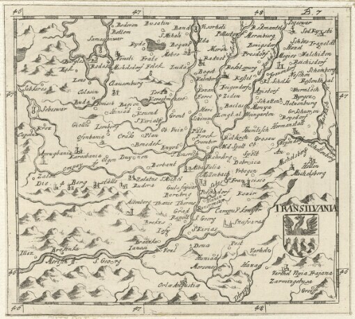 [Die Donau, der Fürst aller Europaeischen Flüsse: Das ist: Eine genaue Darstellung Aller der um und an der Donau gelegenen Königreiche, Fürstenthümer, Länder und Städte, beneben einer kurtzen Beschreibung selber. Deme Zu de Lesern Behuff, annoch ein Register aller der jenigen Oerter, so in denen Charten mit begriffen seynd, beigefüget worden]. B7. Transilvania