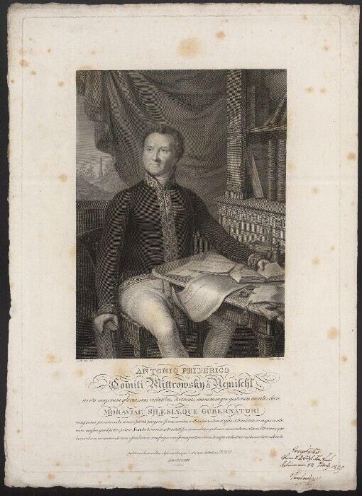 Antonio Friderico Comiti Mittrowsky a Nemischl: avita majorum gloria suis virtutibus, doctrinis, munerumque gestorum meritis claro Moraviae Silesiae que Gubernatori rei agrariae promovendae et ne in patria peregrinisimus societas et illius parentum et ipsius liberalitate in majus evecta nunc nusaeo quod patris patriae Francisci nomine aeternitatise commendat, in patriae ornamentum artium, litterarumque domicilium, monumentorum e saeculorum naufragio emersorun portum, omnis denique industriae incitamentum adaucta publicam hanc cultus observantiaeque votivam tabulam D.D.D